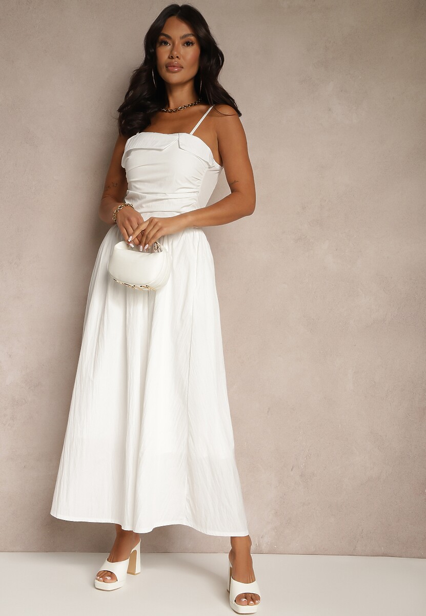 Biała Sukienka z Wiskozy z Bawełną Ozdobiona Zakładką Atellana