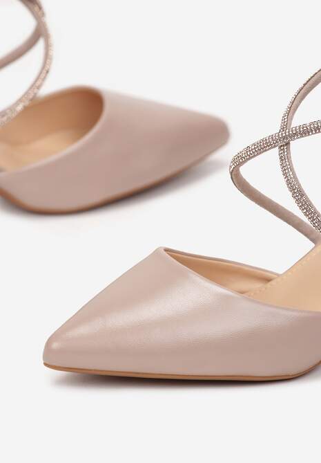 Beżowe Czółenka na Słupku z Paskami z Cyrkoniami i Szpiczastymi Noskami Jarise