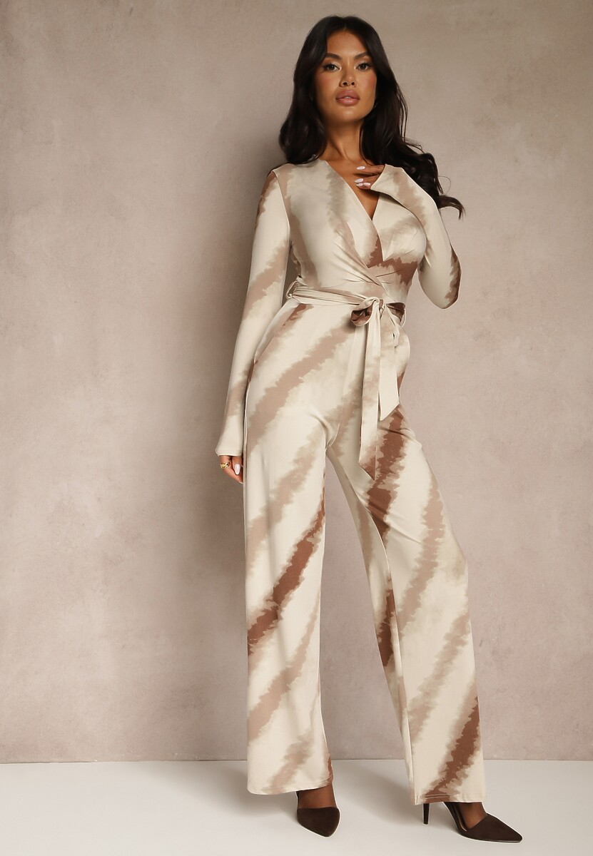 Beżowy Kombinezon z Trójkątnym Dekoltem i Paskiem w Talii Nanthe