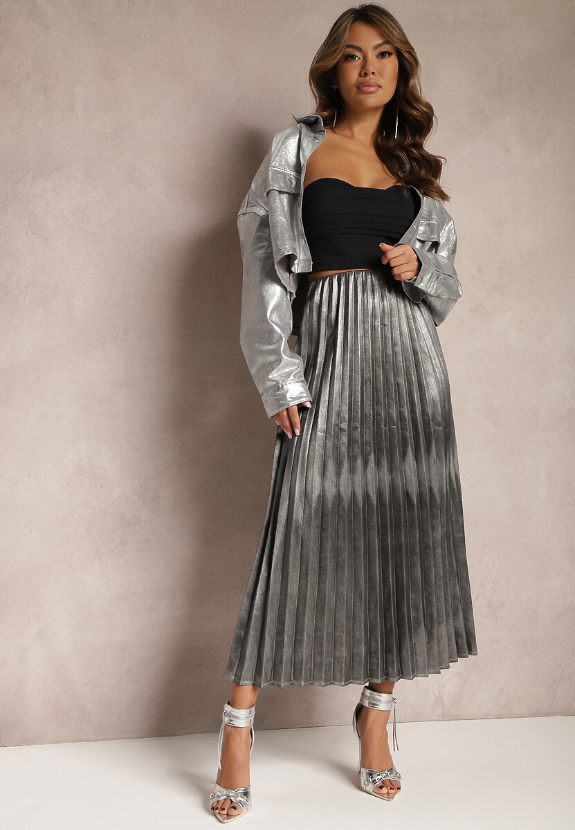 Beżowa Połyskująca Spódnica Plisowana Maxi Vilira