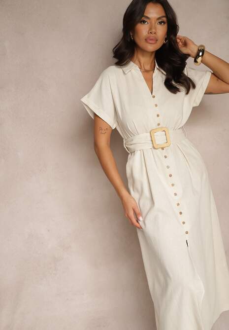 Jasnobeżowa Koszulowa Sukienka z Bawełny na Krótki Rękaw z Materiałowym Paskiem Celirna