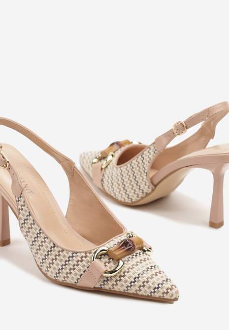 Beżowe Plecione Sandały Szpilki Typu Slingback Ozdobione Klamrą Avenis