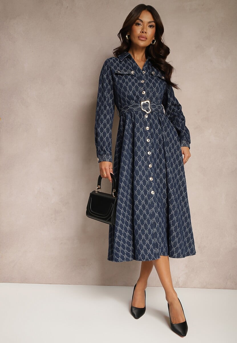 Granatowa Rozkloszowana Sukienka Koszulowa w Elegancki Wzór z Paskiem z Klamrą Salithora