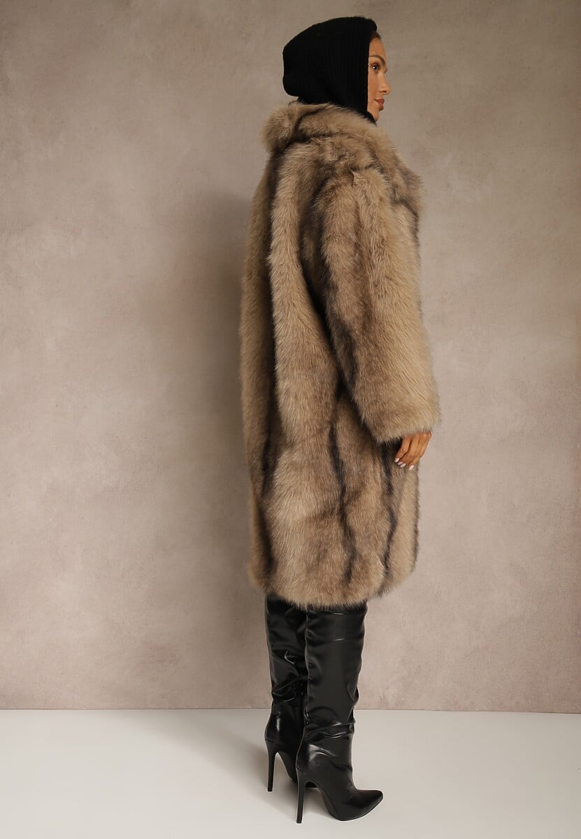 Brązowy Płaszcz Futerko o Prostym Kroju z Szerokim Kołnierzem Ezilana