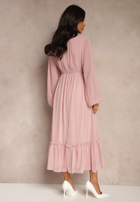 Różowa Plisowana Sukienka Koktajlowa Ozdobiona Guzikami i Falbankami Osumia