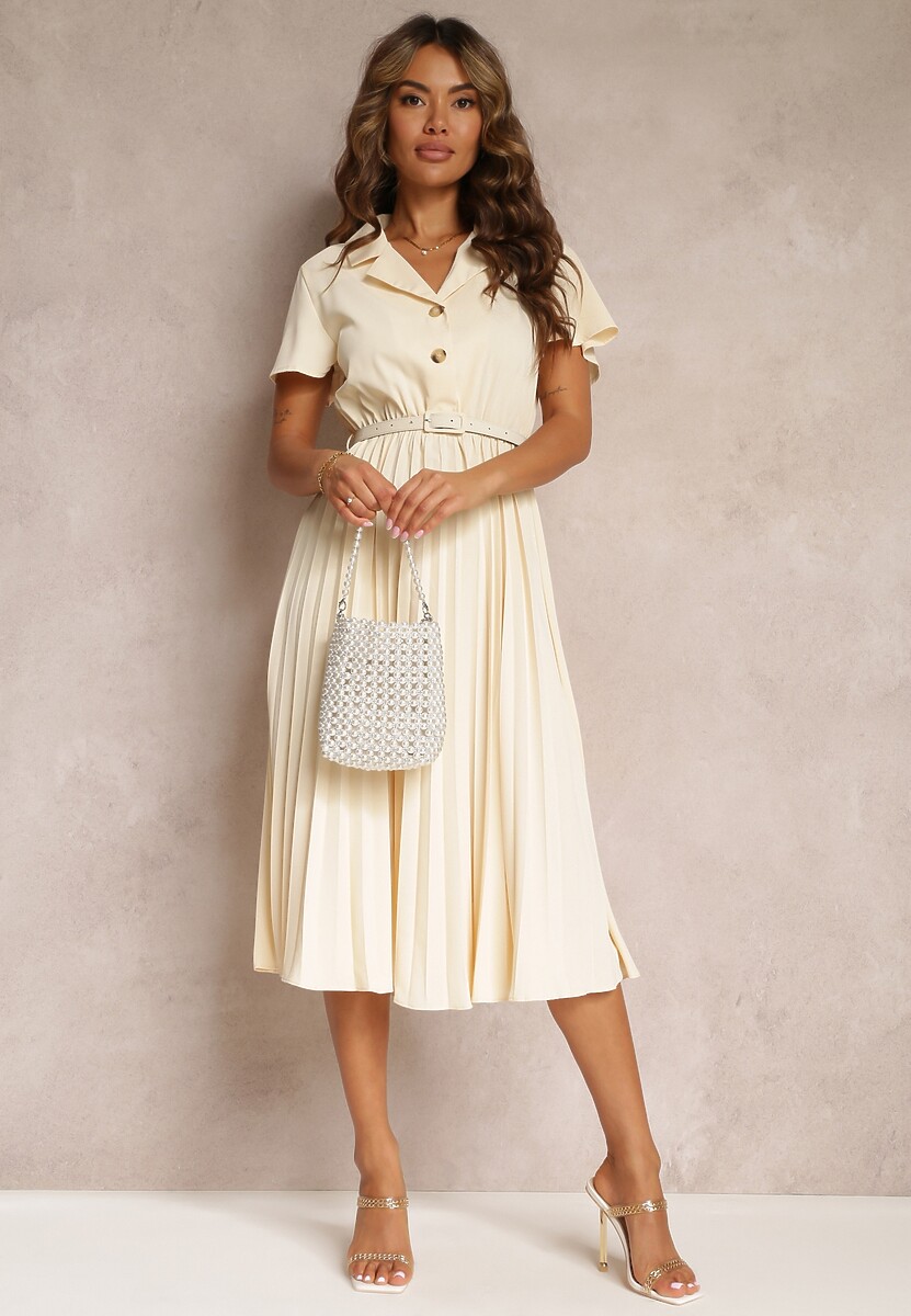 Beżowa Retro Sukienka Midi z Plisowaniem i Paskiem na Klamrę Elinerise