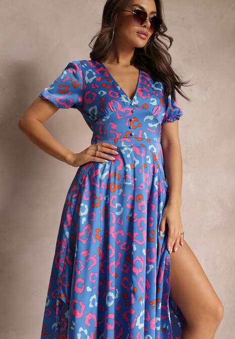 Niebieska Sukienka Maxi z Gumką w Talii i Asymetrycznym Dołem Amparo