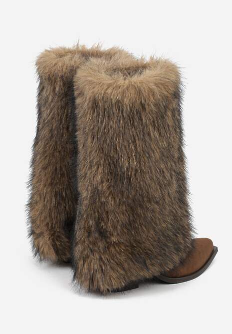 Brązowe Kozaki na Stożkowym Obcasie z Wywiniętą Cholewką z Futerka Tesmira