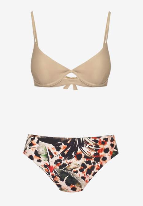 Ciemnobeżowy Strój Kąpielowy Bikini z Usztywnionym Biustonoszem i Wzorzystymi Figami Pialette