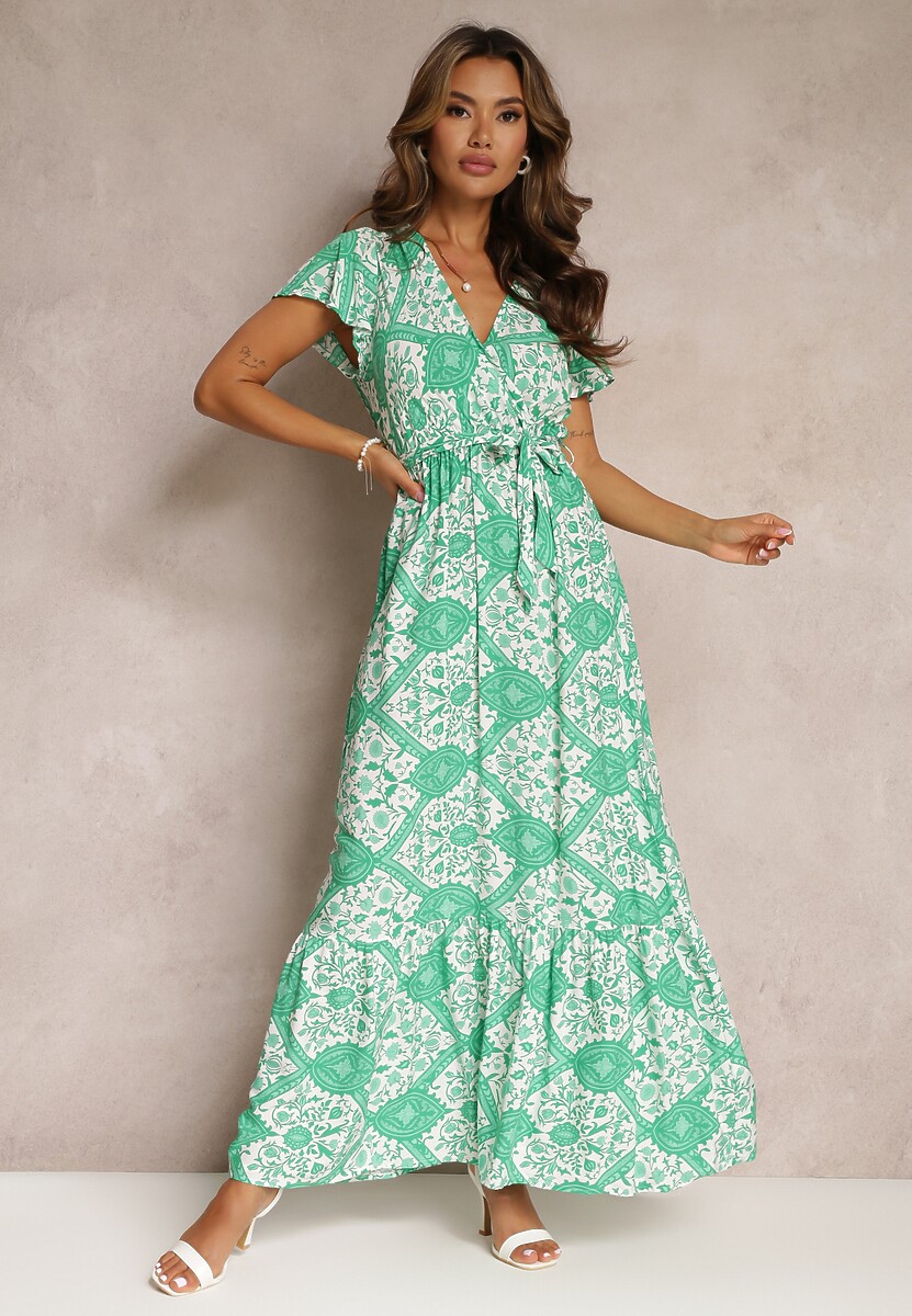 Zielona Rozkloszowana Sukienka z Kopertowym Dekoltem i Wiązanym Paskiem Brynis