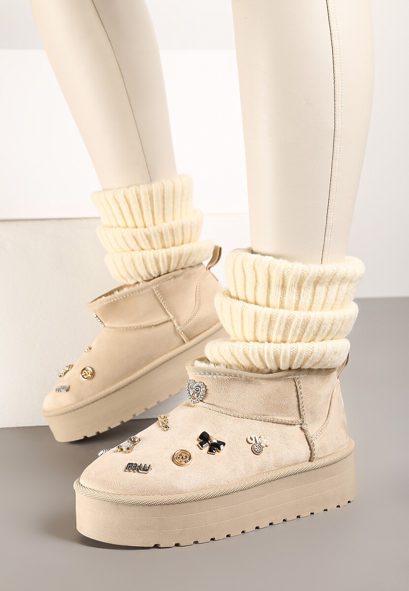 Beżowe Śniegowce na Platformie z Ozdobami 3D Semariah