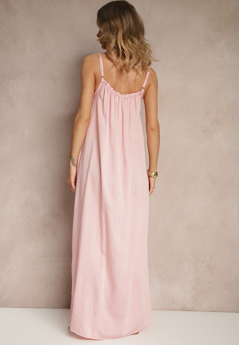 Różowa Sukienka o Rozkloszowanym Kroju z Elastycznym Dekoltem Revore