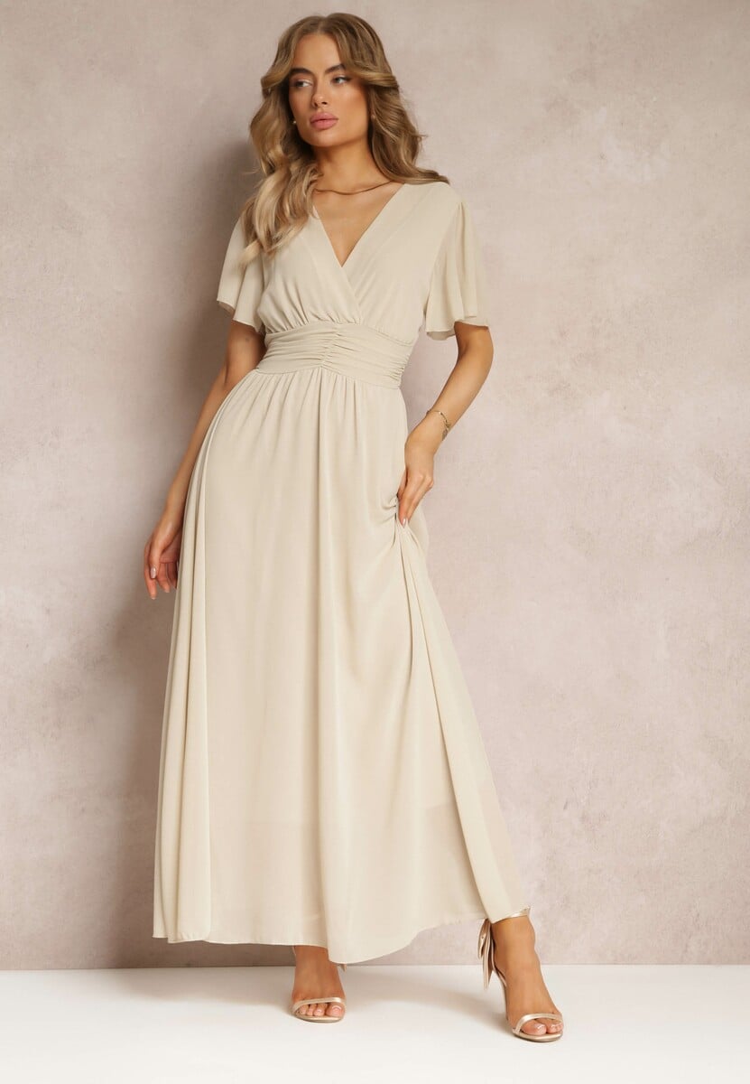 Beżowa Rozkloszowana Sukienka z Kopertowym Dekoltem Obillis