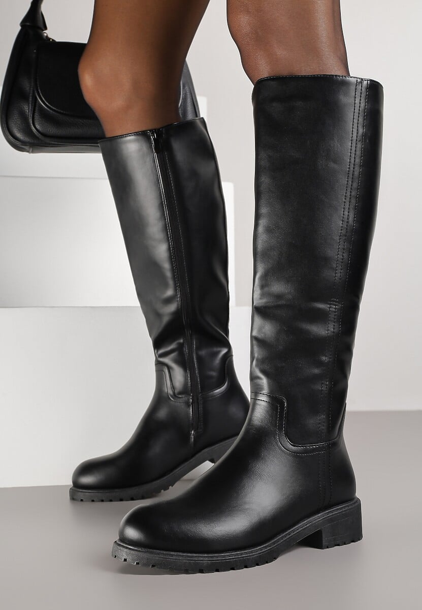 Czarne Dopasowane Kozaki Vices z Imitacji Skóry w Stylu Basic Lonavie