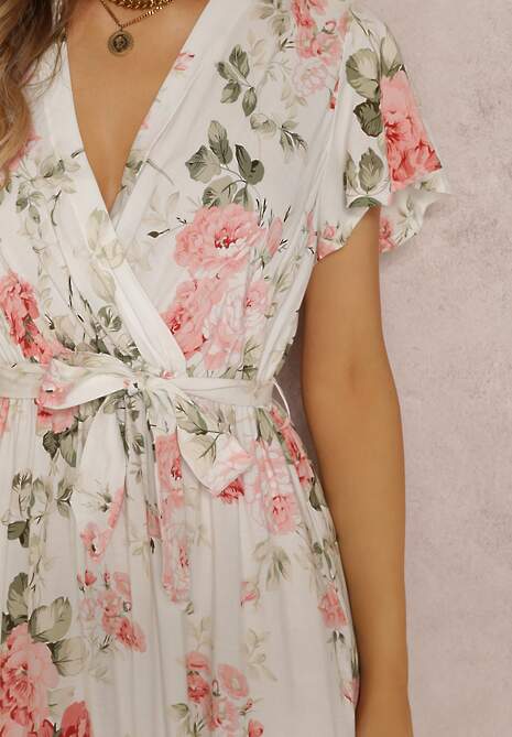 Biała Sukienka w Kwiaty o Kopertowym Kroju z Wiązanym Paskiem Iphene