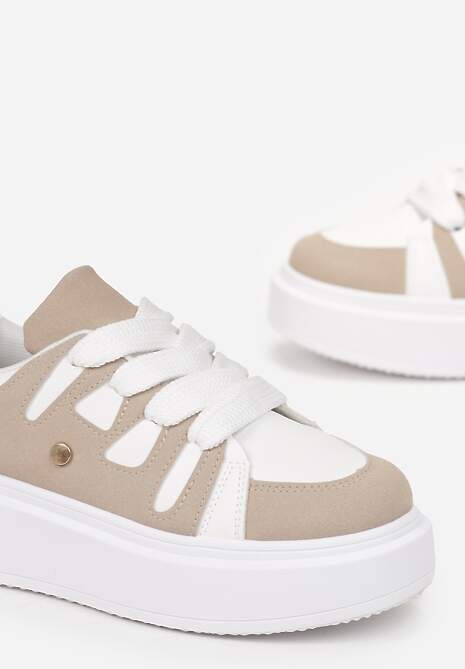 Biało-Beżowe Sneakersy na Grubej Podeszwie przed Kostkę Alisis