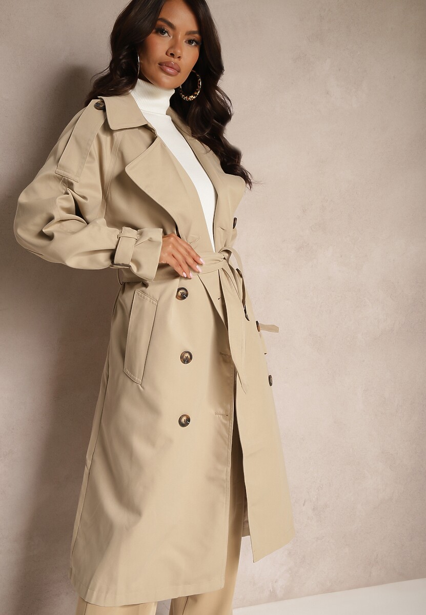 Beżowy Oversizowy Płaszcz Trencz o Dwurzędowym Kroju z Paskiem Darinella