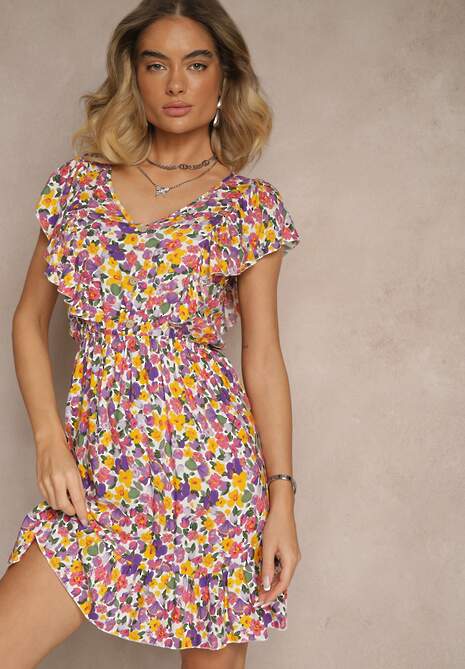 Fioletowa Sukienka Bawełniana o Rozkloszowanym Kroju w Kwiaty z Falbankami Virlio