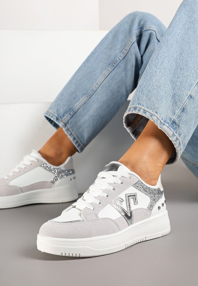 Biało-Szare Sneakersy Ozdobione Metalicznymi Aplikacjami i Brokatem Pilliossa