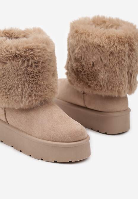 Ciemnobeżowe Śniegowce na Grubej Podeszwie Ozdobione Futerkiem Naolani