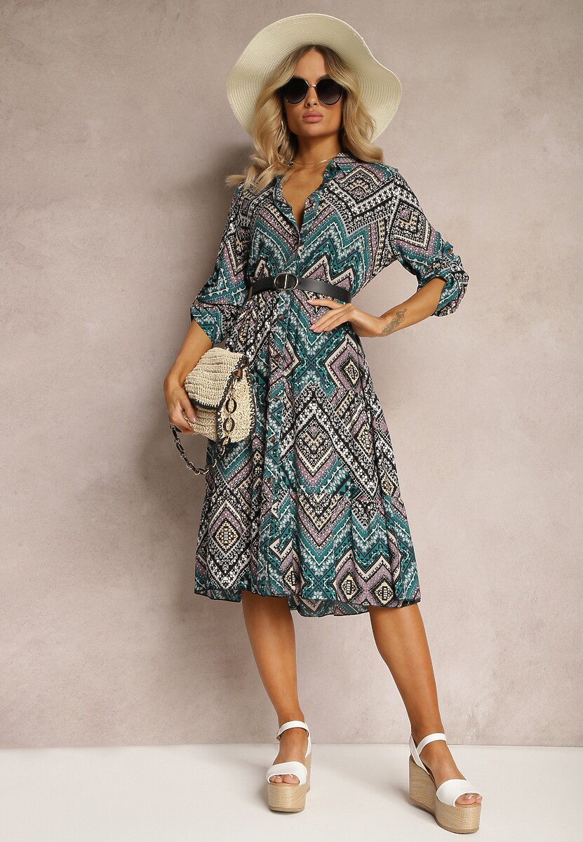 Czarno-Niebieska Koszulowa Sukienka z Bawełnianej Tkaniny z Mozaikowym Wzorem Tesahina