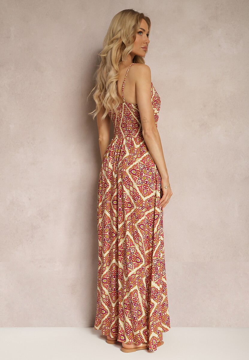 Beżowo-Pomarańczowa Sukienka z Wiskozy na Cienkich Regulowanych Ramiączkach z Gumkami w Talii Estilla