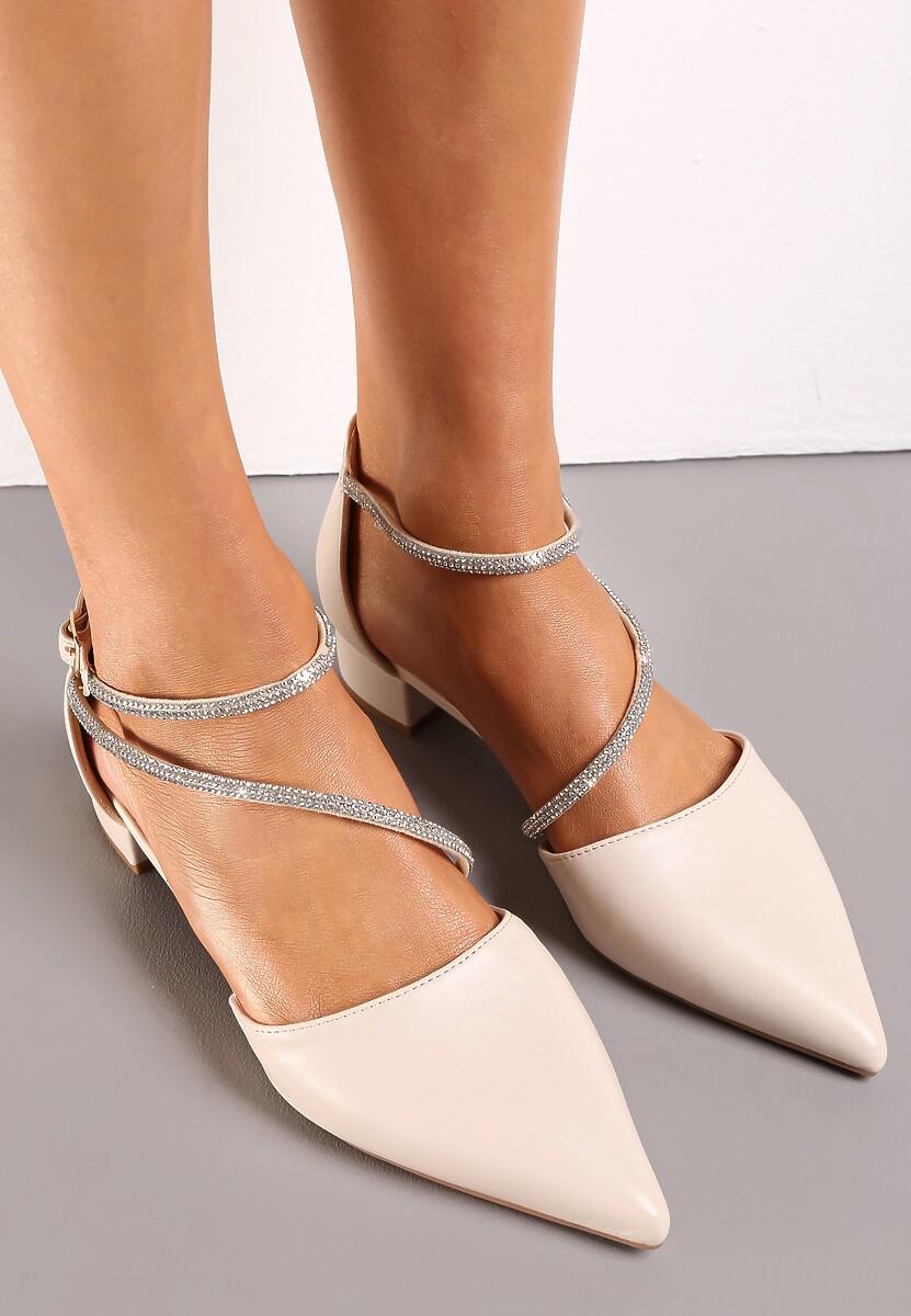 Beżowe Płaskie Czółenka z Cyrkoniami i Noskiem w Szpic Brilnu