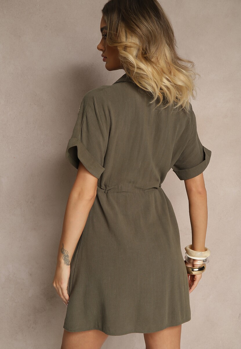 Ciemnozielona Koszulowa Sukienka z Bawełny Ozdobiona Sznurkiem i Haftami Ronara