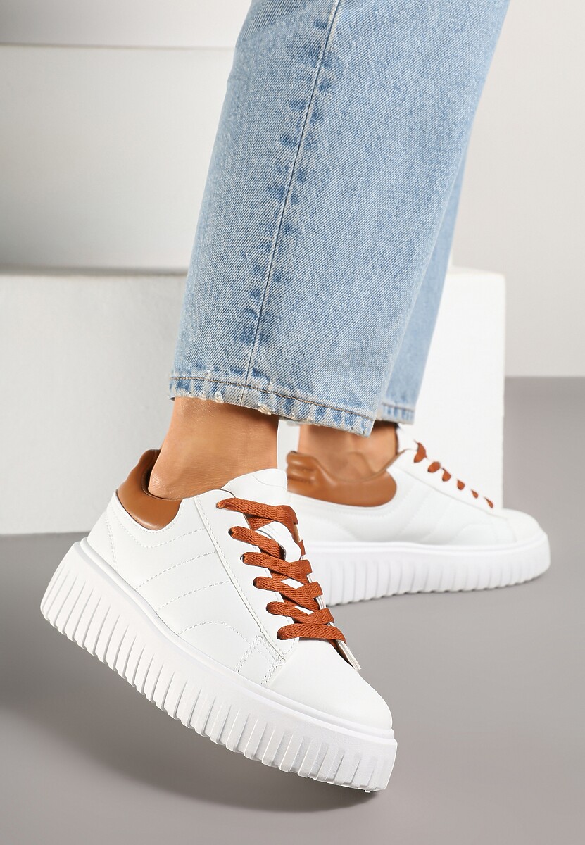 Biało-Brązowe Sneakersy na Platformie Ozdobionej Tłoczonej Zdivona