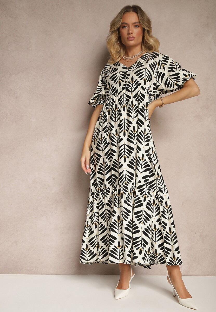 Czerwona Sukienka z Wiskozą o Rozkloszowanym Kroju w Roślinny Wzór Heledis