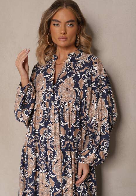 Niebieska Rozkloszowana Sukienka z Wiskozy z Dekoltem w Kształcie Litery V Atenavela