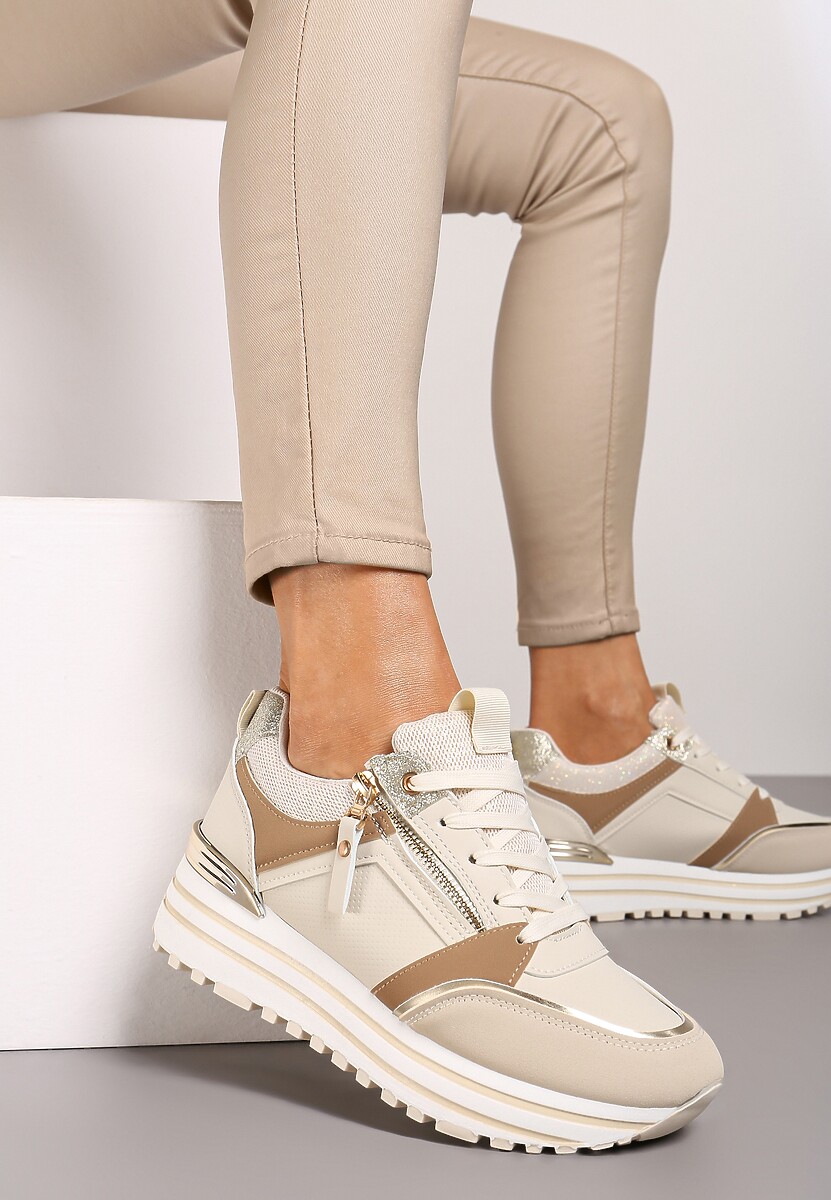 Beżowe Sneakersy na Platformie z Brokatowymi Detalami i Ozdobnym Suwakiem Mailera