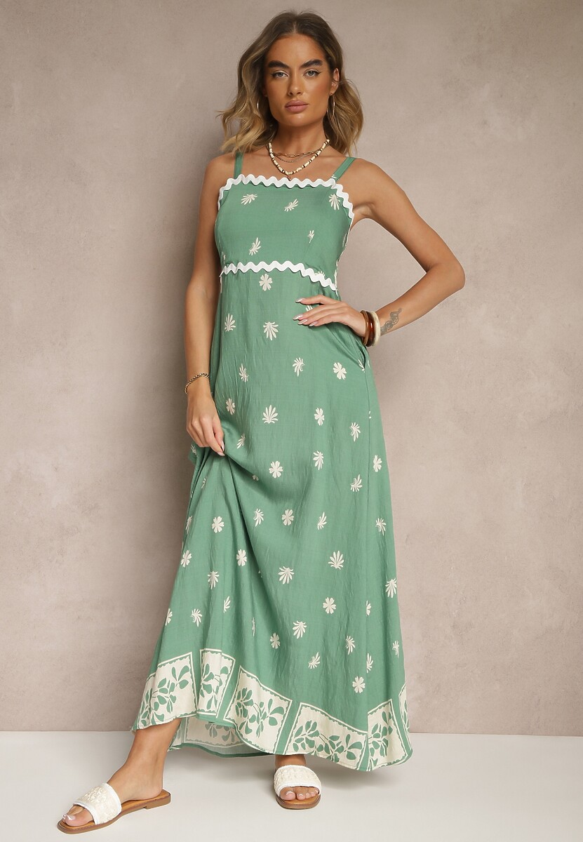 Zielona Sukienka z Wiskozy Ozdobiona Geometrycznym Motywem Lunessa