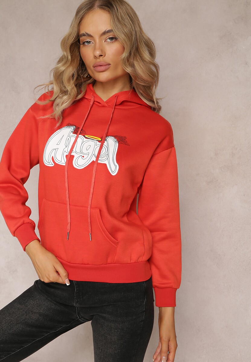 Pomarańczowa Ocieplona Bluza Kangurka z Nadrukiem Pralle