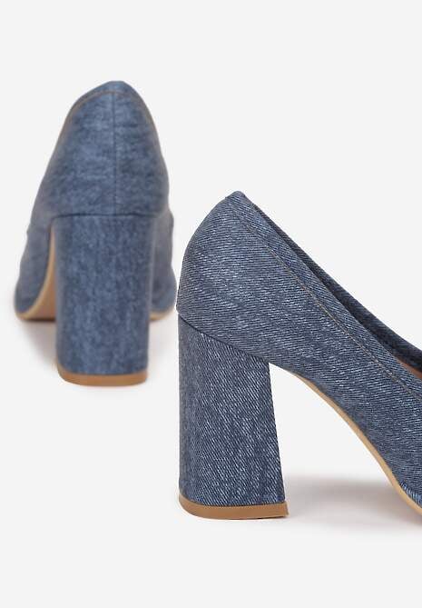Granatowe Jeansowe Półbuty na Słupku z Przeszyciami Demese