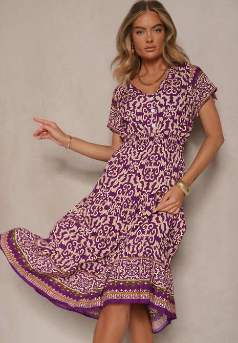 Ciemnofioletowa Sukienka z Bawełny Ozdobiona Ornamentnym Motywem Fillena