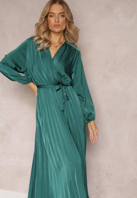 Zielona Maxi Sukienka z Plisowanym Dołem i Kopertowym Dekoltem Basila