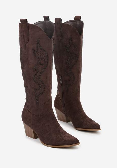 Brązowe Kozaki Kowbojki na Stożkowym Obcasie Zdobione Cyrkoniami Nalasania