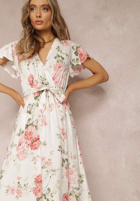 Biała Sukienka w Kwiaty o Kopertowym Kroju z Wiązanym Paskiem Iphene