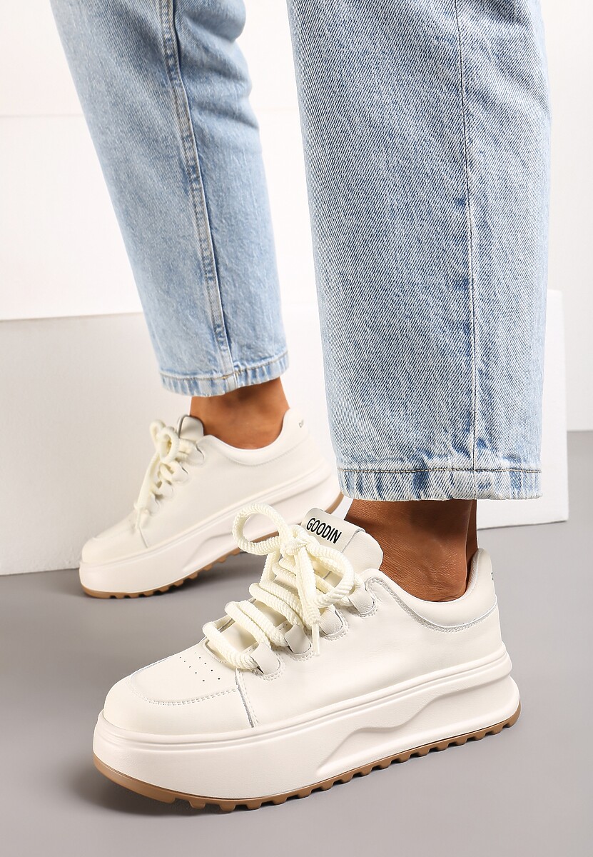 Białe Sneakersy ze Skóry Naturalnej z Platformą i Szerokimi Sznurówkami Talthea