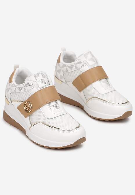 Biało-Beżowe Sneakersy na Koturnie Zapinane na Rzep Theffese