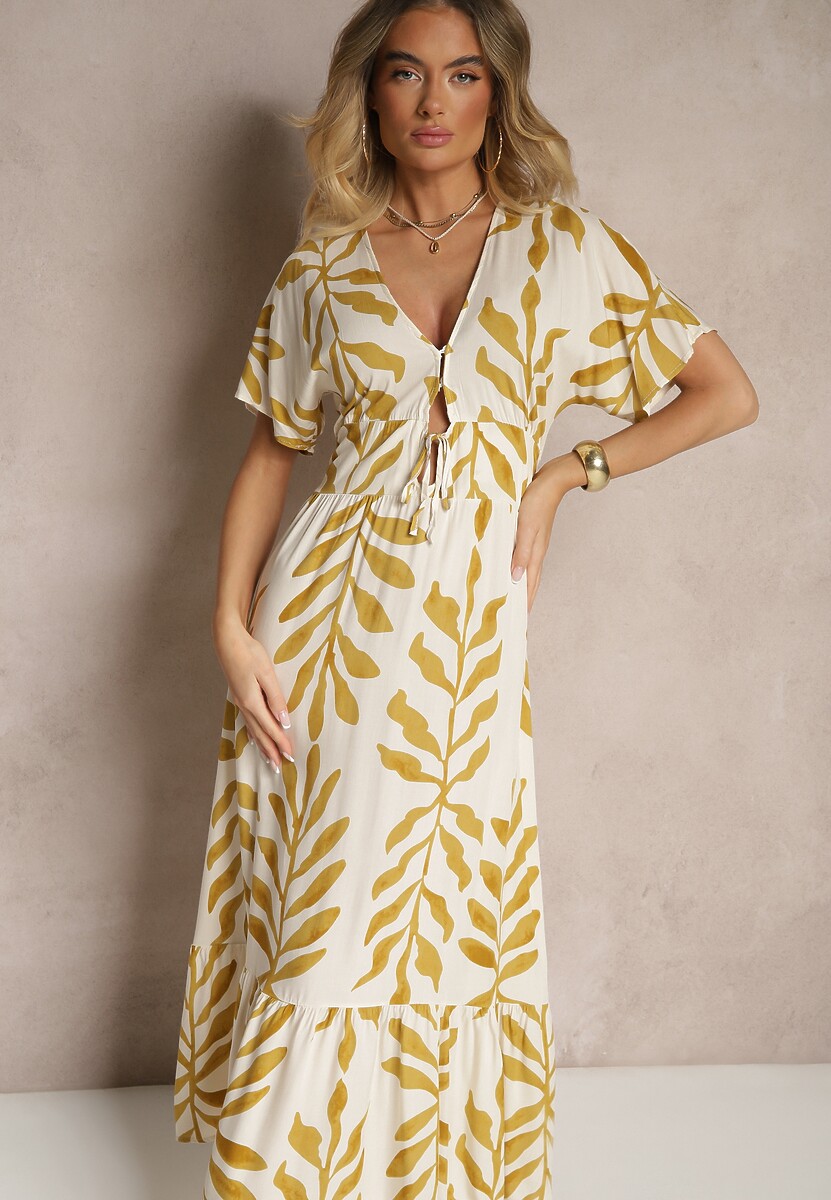 Żółta Wiskozowa Sukienka z Motywem Liści Verilin