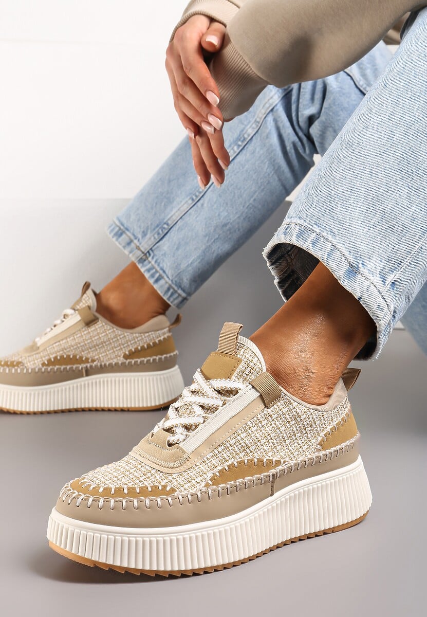 Ciemnobeżowe Tweedowe Sneakersy na Platformie z Przeszyciem Orilenes