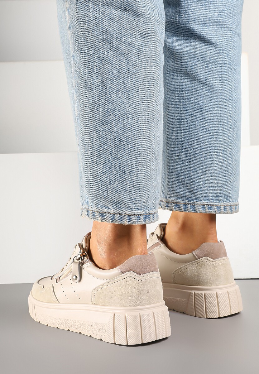 Beżowe Sneakersy z Naturalnej Skóry na Grubej Podeszwie z Suwakiem Soravelle