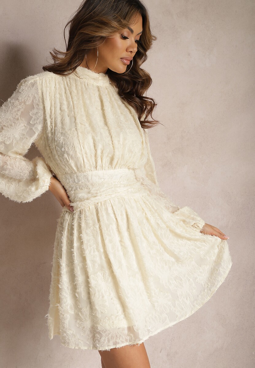 Zielona Koronkowa Sukienka Mini z Gumką w Pasie Netta