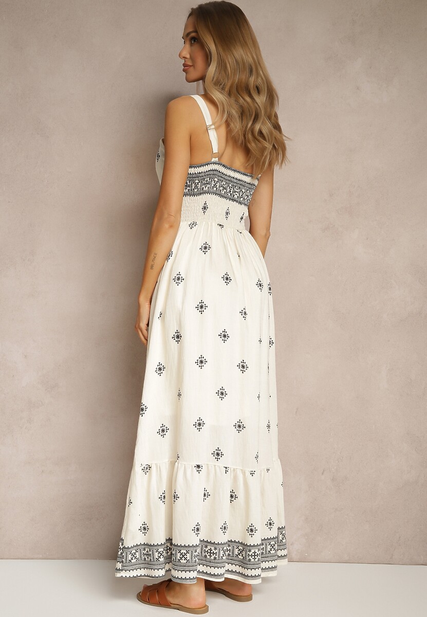 Czarna Sukienka z Wiskozą o Rozkloszowanym Kroju na Ramiączkach w Boho Print Leaella