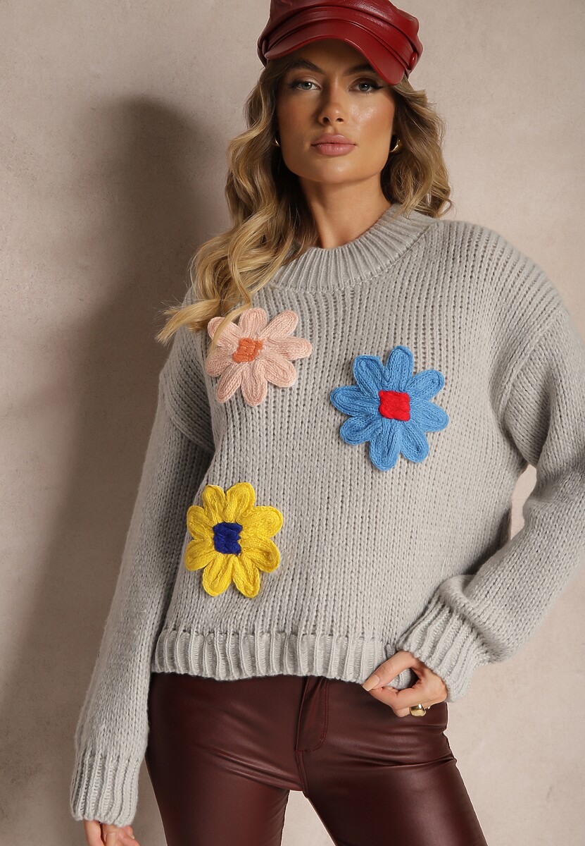 Jasnoszary Sweter z Wiskozą i Kwiatowym Motywem Labrienna