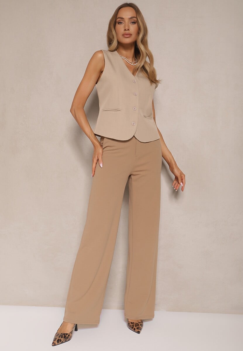 Ciemnobeżowe Spodnie o Garniturowym Fasonie z Wiskozą i Prostymi Nogawkami Senarielia