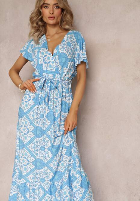 Niebieska Rozkloszowana Sukienka z Kopertowym Dekoltem i Wiązanym Paskiem Brynis