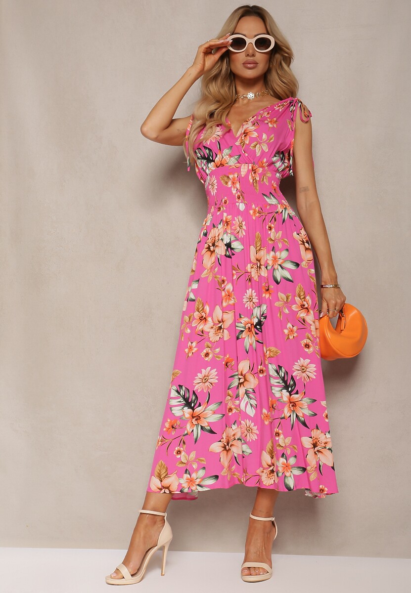 Różowa Kwiecista Sukienka z Gumką w Talii i Trójkątnym Dekoltem ze Ściągaczami Taseria
